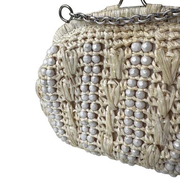 Vintage Italian Beaded Raffia Clutch Bag Cream Straw Purse - Picture 2 of 7